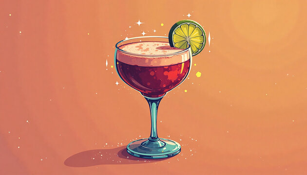 Alcoholic cocktail in coupe glass with lime slice retro pop art vintage drink illustration with copy space