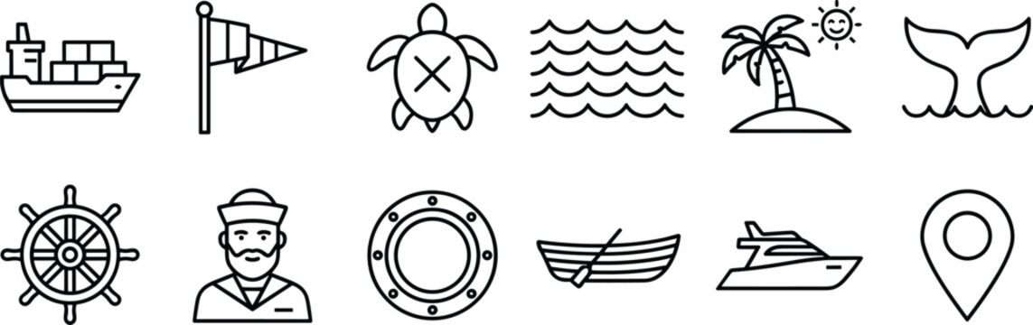 Ocean Icon Set with Ship, Boat, Porthole and Whale Tail in Black