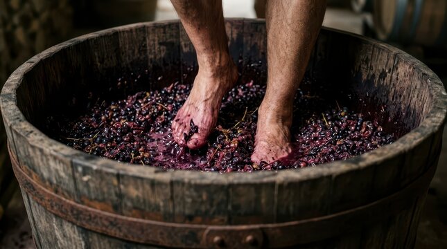 Winemaker Stomping Grapes in a Wooden Vat During Traditional Harvesting Process in a Vineyard