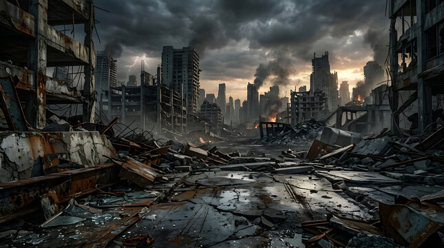 Post-apocalyptic ruined city street with destroyed buildings and smoke.