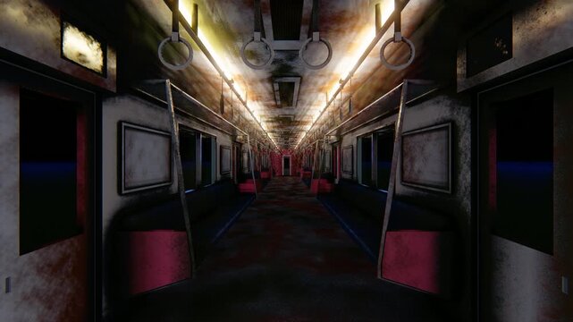 廃墟化した恐怖の電車内、錆びた車両の3DCGホラーアニメーション