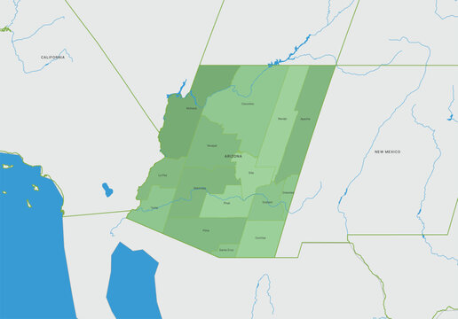 Map of arizona state with county borders and labels, highlighting the administrative divisions of the region in a stylized green color scheme