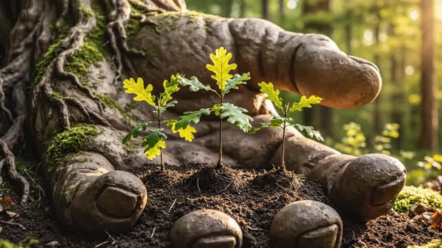 Symbolic representation of nature's protection: Oak saplings thriving in a hand-shaped tree trunk against forest background