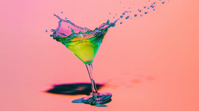 Cocktail glass with a vibrant neon liquid splash on a pink background, frozen motion and glossy droplets for bar and cocktail promotion, copy space