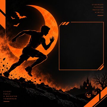Silhouette man running fast across dark moonlit landscape for spooky halloween holiday celebration