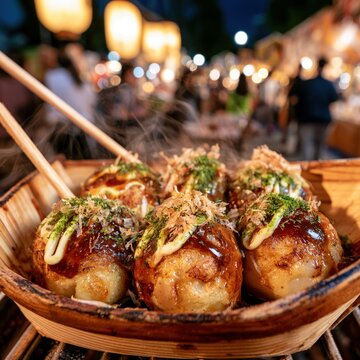 Takoyaki skewered and sauced on wooden tray at night market