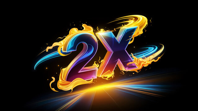 Glowing 3D 2x bonus multiplier with fiery flame and energy speed trail effect on dark background