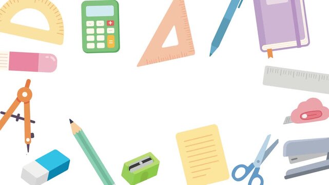 Stationery Animation 2D. Back to School frame background, School supplies, Office supplies