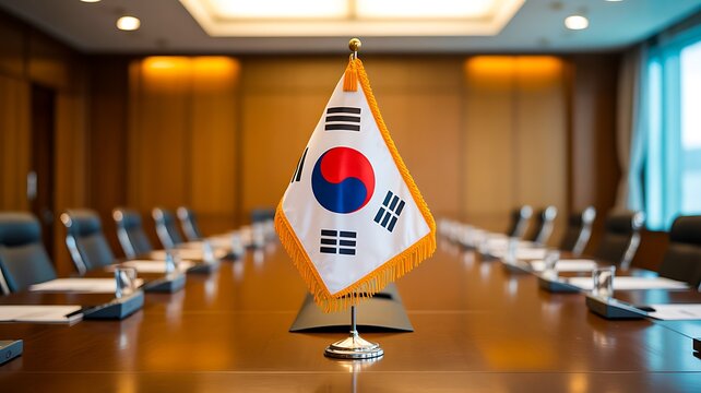 South korean flag displayed in a formal conference room