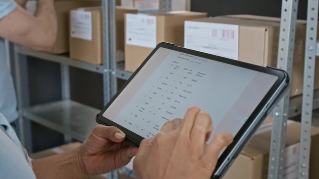 Unrecognizable employee checking grocery delivery order list on tablet in warehouse. Clip suitable for supply chain technology marketing and logistics management presentations