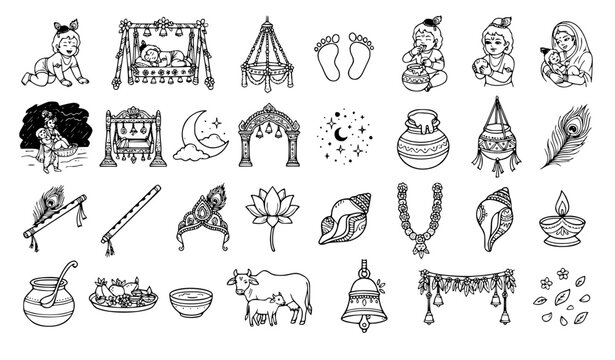 Bal Krishna Janmashtami Line Art Collection with Baby Krishna, Cradle, Butter Pot, Footprints, Flute, Peacock Feather, and Festival Symbols