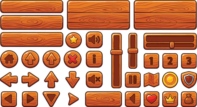 Cartoon Wooden Game UI Kit with Banners Buttons Arrows Numbers Icons and Health Bars Isolated on White Background for Gaming App Design