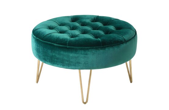 Round emerald green tufted velvet ottoman with gold hairpin legs