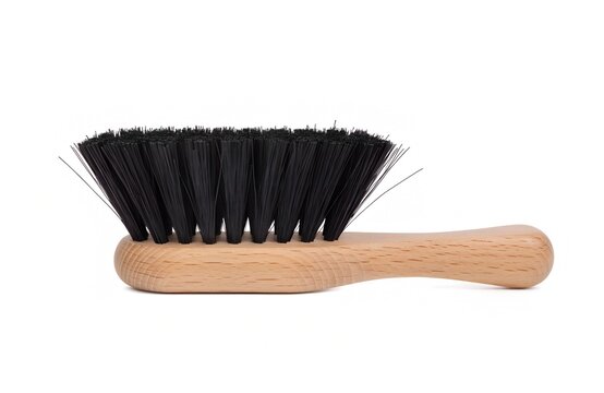 Handheld scrub brush with black stiff bristles and natural wooden handle