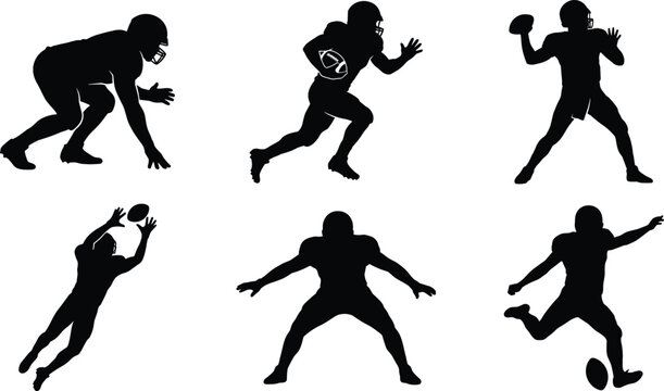 Vector American Football Player Silhouette Collection with Quarterback Throwing Running Back Kicking and Lineman Poses Isolated on White Background for Sports Graphic Designs