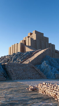 Detailed Brickwork of the Great Ziggurat of Ur Archaeological Site Under a Clear Blue Sky