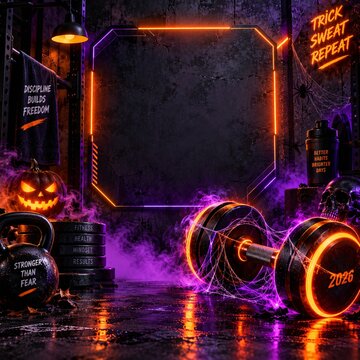 Gym barbell with glowing neon lights and spooky pumpkin for a high energy halloween fitness