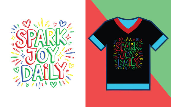 Spark joy daily typography with colorful letters and hearts on a black v-neck t-shirt apparel mockup