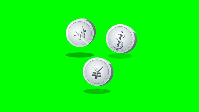3D Circular Silver Currency Coins Won Dollar Yen Motion Graphics Loop