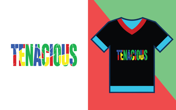Tenacious typography with multi-colored distressed block letters on a black t-shirt mockup
