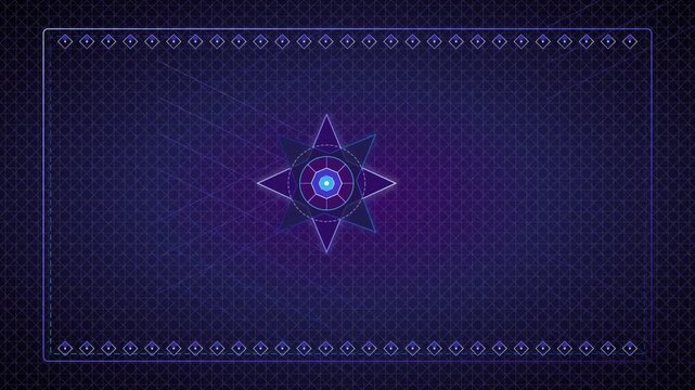 Abstract purple cross-hatch tapestry weaving animation background with central geometric HUD interface, futuristic ritualistic symbols, and royal velvet dark violet color tones.