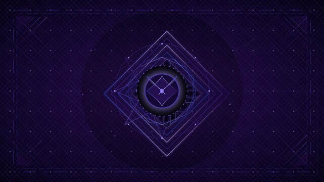 Abstract dark purple and blue digital background featuring a fine geometric grid, technical architectural lines, and a central frame border accented with small diamond shapes.