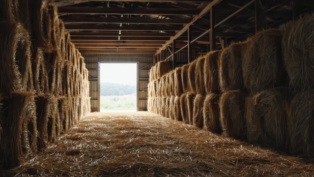 Hay bales stacked in rustic barn interior, bright daylight streaming through open doorway, agricultural storage, rural scene.