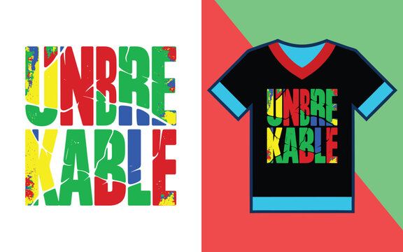 Unbreakable typography print with cracked texture effect on a black v-neck t-shirt featuring multicolored letters