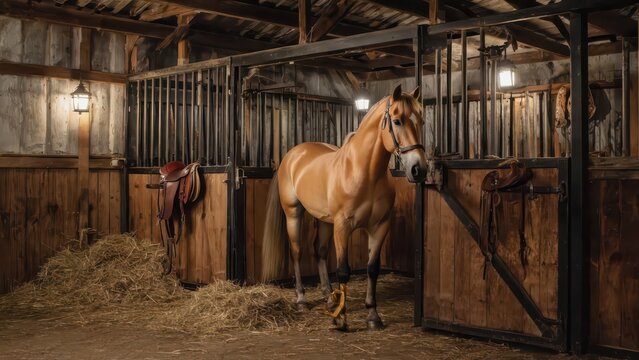 Palomino Horse Standing in Stalls with Hay and Tack, Warm Lighting Creates Rustic Farm Stable Atmosphere