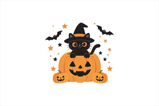 Cute Halloween black cat wearing witch hat inside pumpkin with bats and stars in flat 2D style. Vector illustration for greeting card.