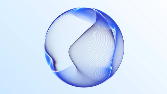 Blue translucent mesh sphere with layered flowing surfaces on a bright minimal background, ideal for technology and corporate design.