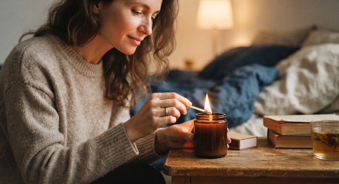 Woman lighting scented candle on wooden table in cozy bedroom with books and warm evening light.