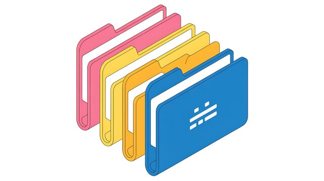 A 3D isometric illustration of organized office filing folders in vibrant colors for data management and digital archiving