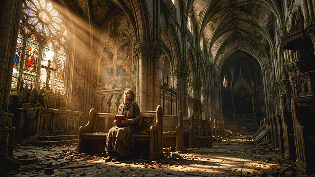 Person sitting in a pew reading a book inside a sunlit ruined gothic cathedral with stone arches
