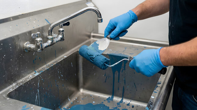 Hand In Blue Glove Scraping Excess Blue Paint From Roller Cover Into Sink | Painter Using Putty Knife To Clean Blue Paint From Roller Sleeve | Cleaning Paint Roller Sleeve With Scraper In Stainless St