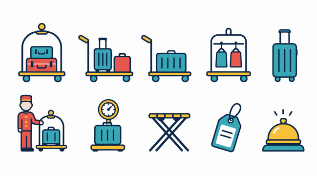 Colorful luggage and airport service icons set.
