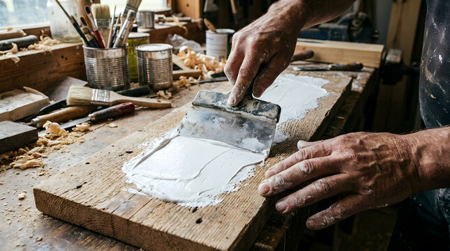 Craftsman Spreading White Gesso Primer On Wooden Board With Scraper | Artisan Applying White Putty On Reclaimed Wood Board In Workshop | Hand Applying White Gesso Layer On Wooden Surface With Spatula