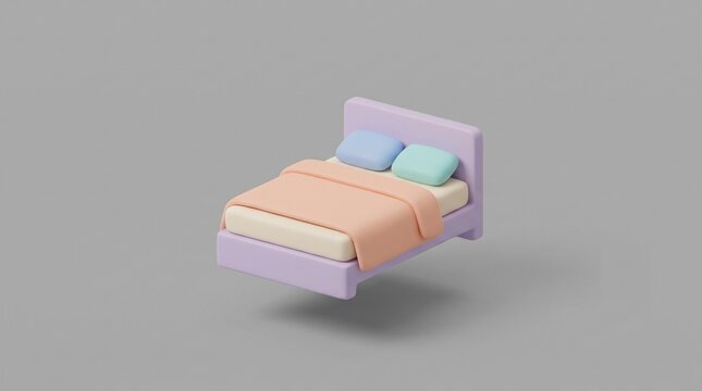Cute pastel purple 3D double bed icon floating with pillows and blanket isolated on light grey background