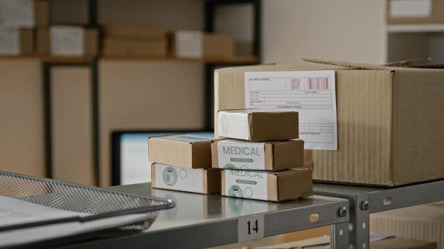 Stacked medical packages resting on metal rack in distribution warehouse. Ideal for pharmaceutical logistics, e-commerce supply chain, and medicine delivery marketing