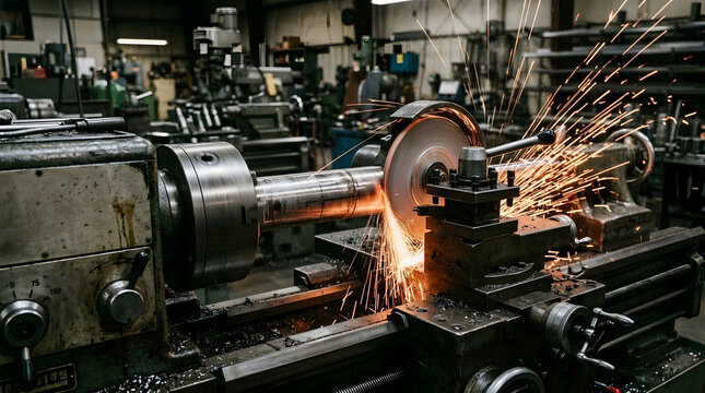 Industrial Lathe Machine Grinding Metal Shaft With Flying Sparks | Metal Shaft Machining On Lathe Machine In Workshop Facility | Precision Metal Lathe Grinding Steel Rod In Industrial Workshop