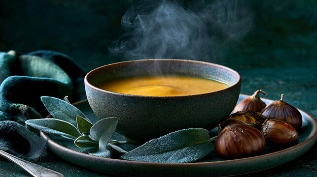 A pumpkin soup background featuring a steaming bowl of creamy pumpkin soup beside roasted chestnuts and fresh sage on a dark green ceramic surface, warm directional lighting