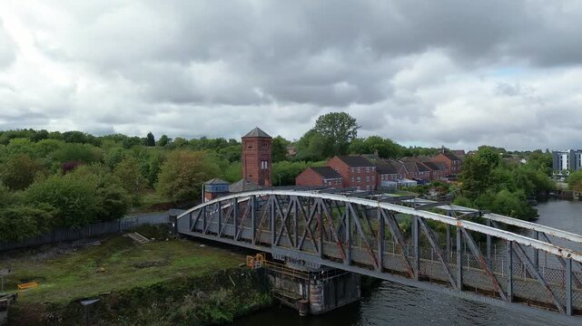 ship canal aerial view circling towards Runcorn old quay swing bridge control tower