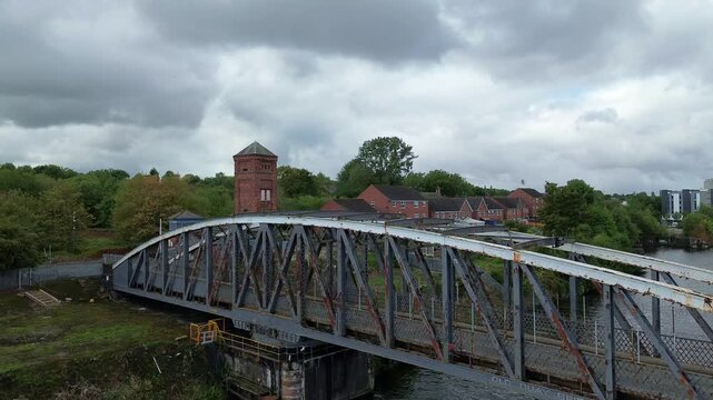 Runcorn old quay iron swing bridge aerial view circling the ship canal control tower
