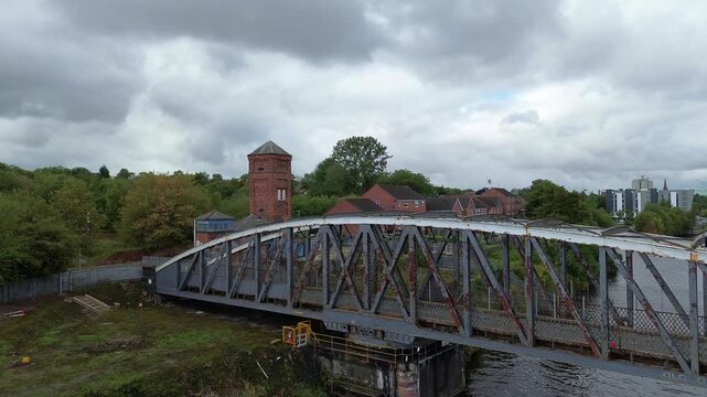 Runcorn old quay swing bridge aerial view orbiting ship canal waterfront property