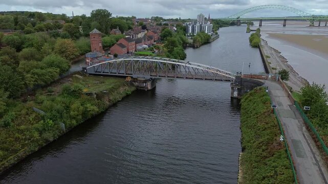 Runcorn old quay swing bridge aerial view above the ship canal and river Mersey