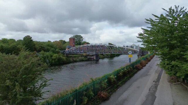 Wigg island ship canal aerial view approaching Runcorn old quay swing bridge waterfront