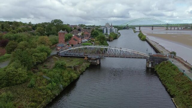 Runcorn old quay swing bridge ship canal and Mersey river Aerial view