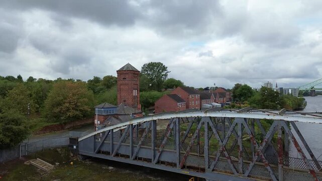 Runcorn old quay swing bridge aerial view approaching the ship canal control tower