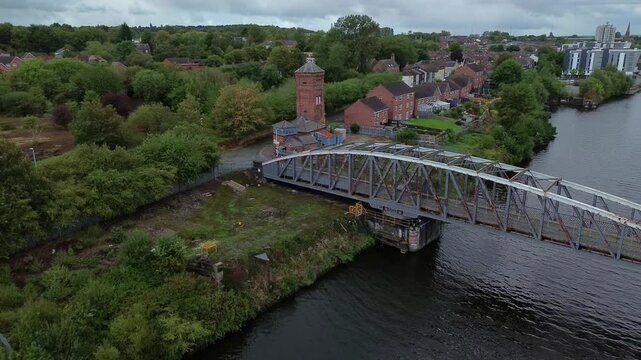 Runcorn old quay swing bridge aerial view establishing the ship canal
