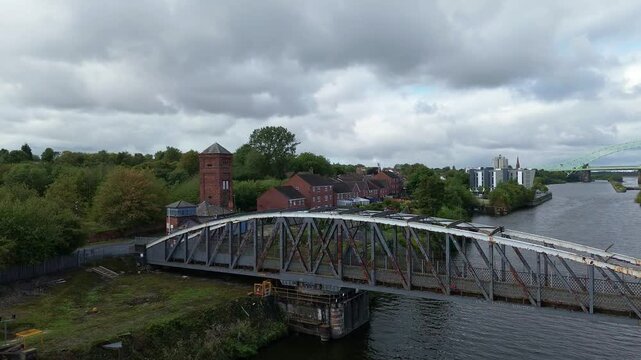 ship canal aerial view of Runcorn old quay swing bridge on Wigg island waterfront